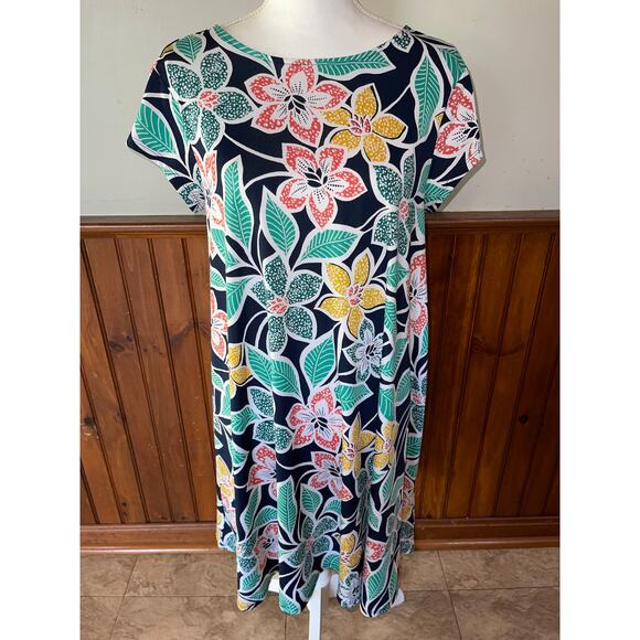Womens Ruby Rd. Red Green Yellow Floral Dot‎ Embossed Tropical Dress Size Medium - Picture 1 of 8